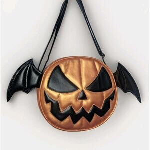 Love Pain & Stitches Metallic Gold Orange Pumpkin Head Face Bat Wings Purse Bag